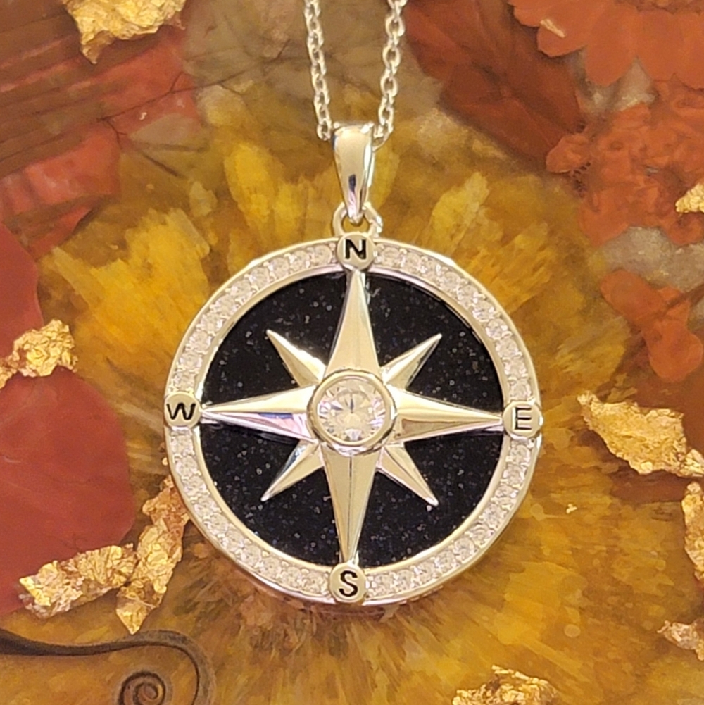 925 Sterling Silver Blue Sandstone Compass Necklace 18+2in NWT